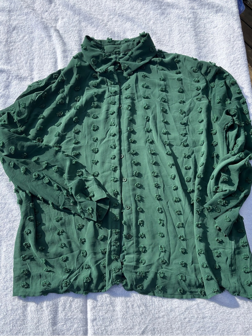 Women’s sheer textured button up - polka dot forest green